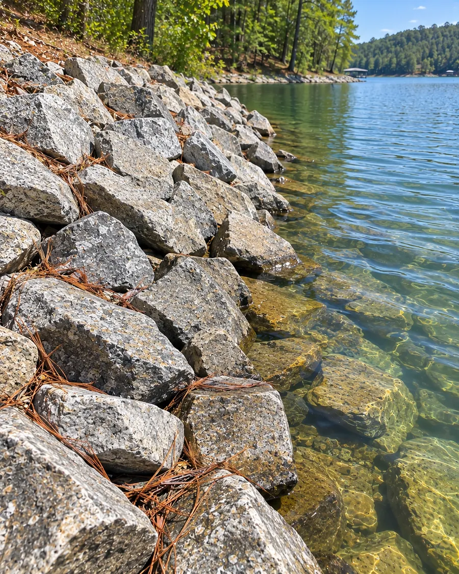 Close view of angular gray granite stones fitted together along a shoreline, with water lapping at the lowest rocks