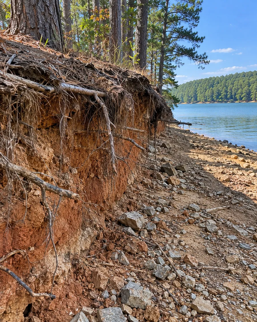 A lake bank cut into a vertical notch at the old waterline, with pine roots sticking out of reddish soil above dry lakebed