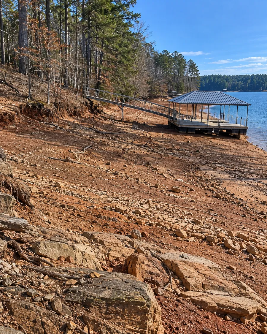 A band of exposed red clay and rock below a wooded lake bank in winter, with the water well below a dock
