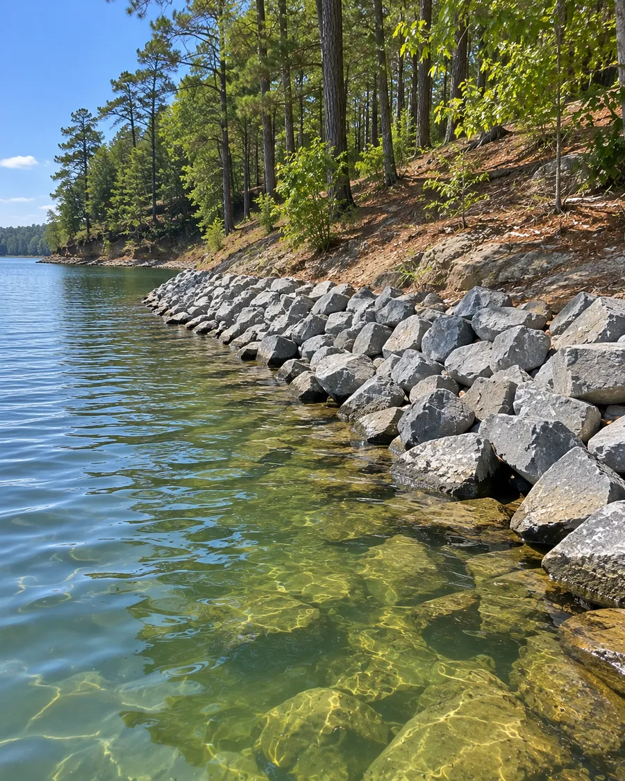Gray granite riprap stones lining a lake bank at the waterline, with pines on the slope above