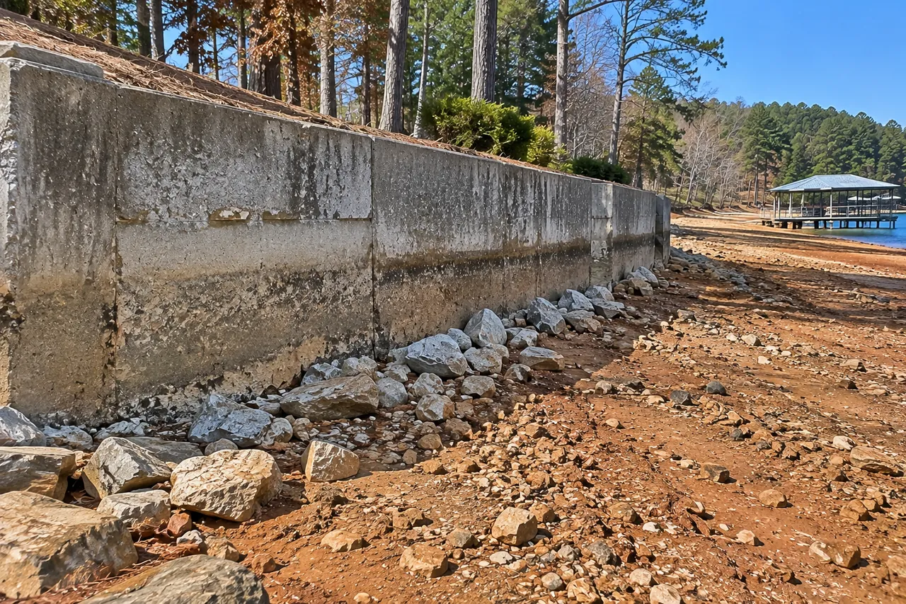 The full height of an old concrete seawall exposed in winter, with dry lakebed and scattered stones along its base