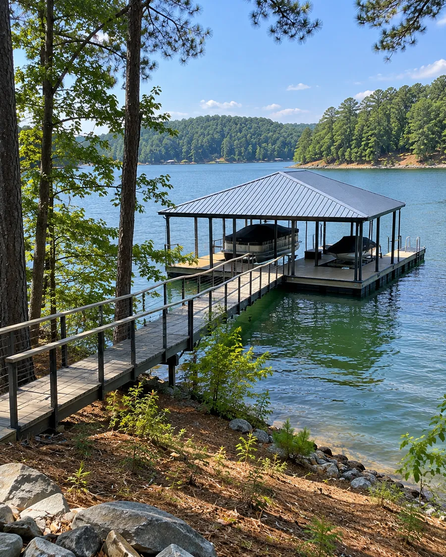 An open-sided boathouse with a metal roof over a floating dock, reached by a walkway from a wooded shore