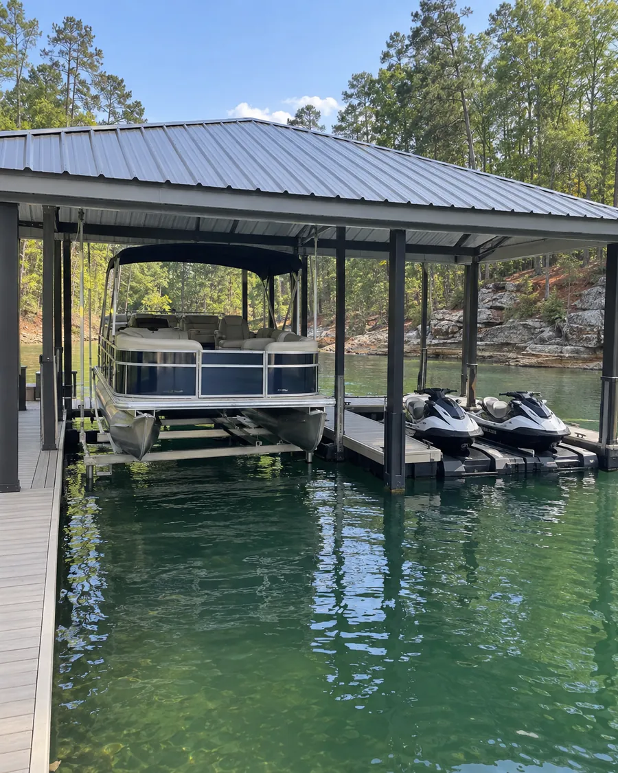 A pontoon boat lifted clear of the water under a metal-roofed slip, with two jet skis docked on drive-on floats alongside