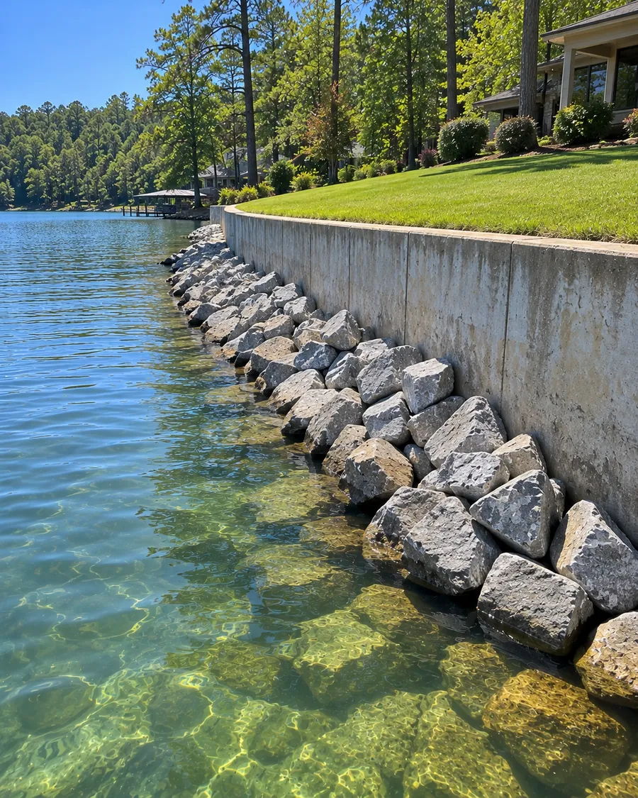 A poured concrete wall holding back a grassy yard at the lake's edge, with granite stones heaped against the bottom of the wall