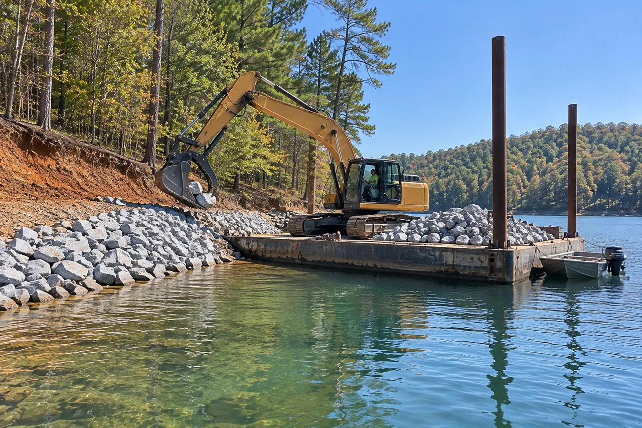A work barge with an excavator placing gray stone along a wooded lake shoreline