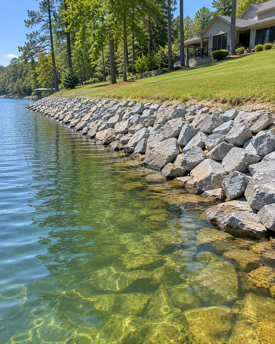 A sloped band of gray riprap at the edge of a lake below a lawn and a lake house