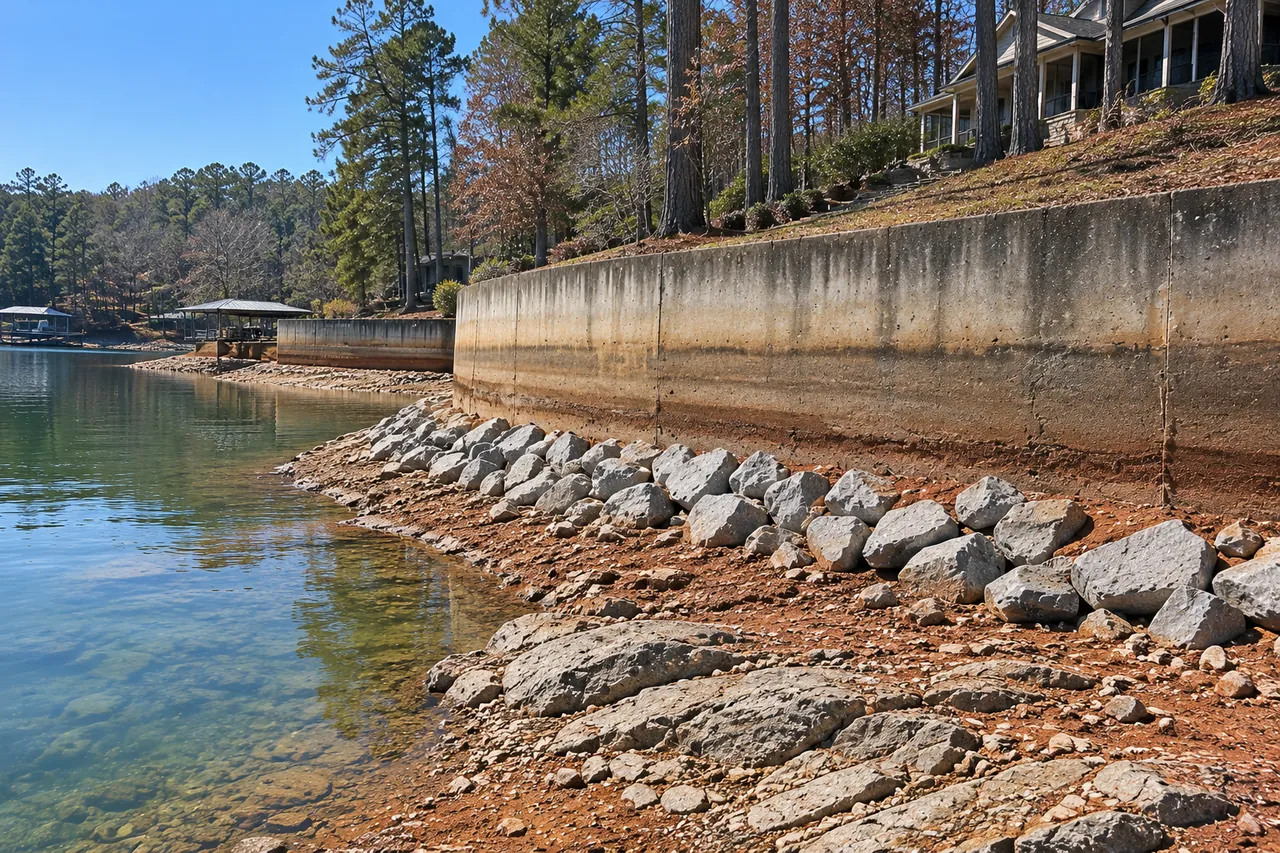 The base of a concrete seawall exposed at low water, with a band of loose stone along the lakebed in front of it