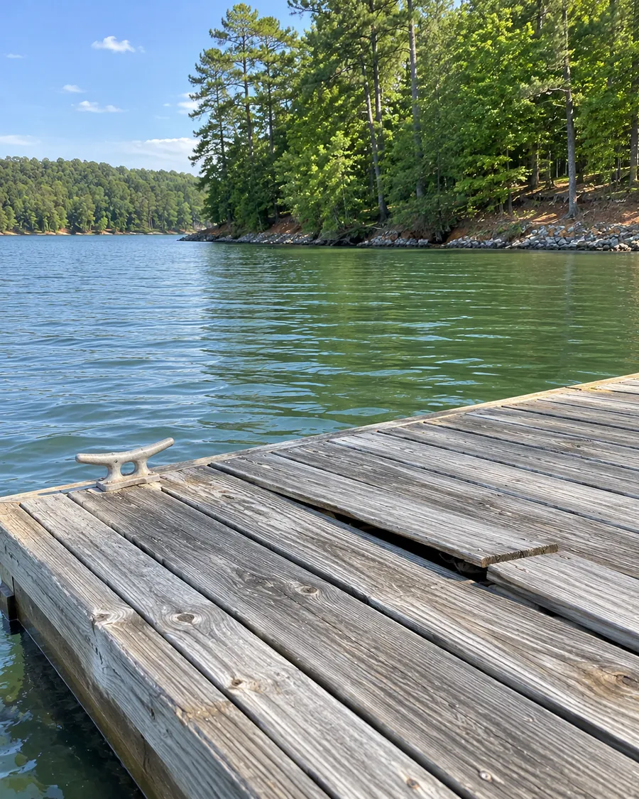 Weathered gray decking boards on a lake dock, with a few boards lifted and a cleat at the edge